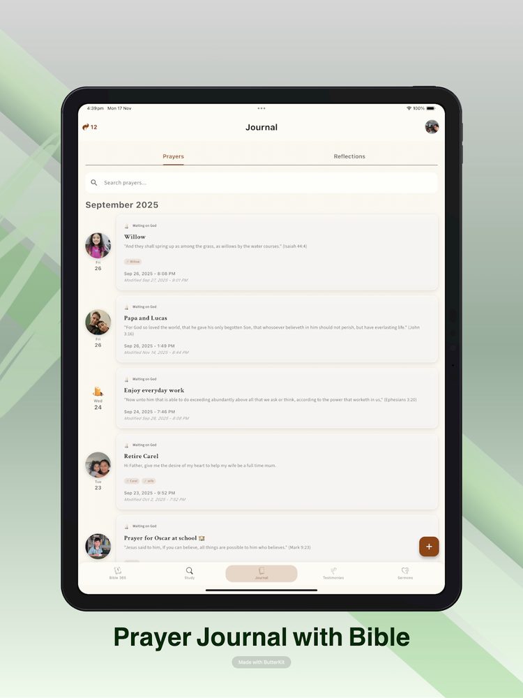 Prayer journal in the By The Water app with prayer cards, Scripture verses and answer tracking